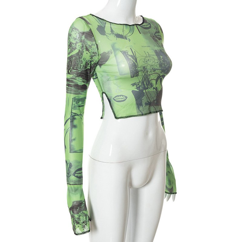 hirigin Sexy See Trough Crop Top Y2K Vintage Graphic Print Green Mesh Sheer T-shirt Long Flare Sleeve Slim Fit Tee Women Clothes 4 hirigin Sexy See Trough Crop Top Y2K Vintage Graphic Print Green Mesh Sheer T-shirt Long Flare Sleeve Slim Fit Tee Women Clothes 4