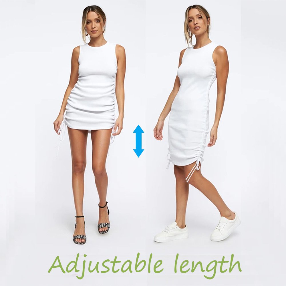 Women Ribbed Elastic Mini Dress Ruched Drawstring Adjustable Length Vestidos Sexy Party O-Neck Summer Bodycon Club Wear 4 Women Ribbed Elastic Mini Dress Ruched Drawstring Adjustable Length Vestidos Sexy Party O-Neck Summer Bodycon Club Wear 4