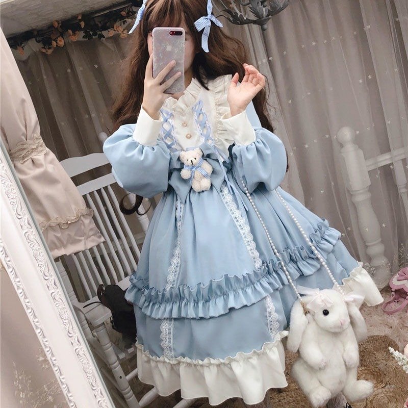 Japanese Gothic Lolita Dress Women Kawaii Bow Bear Lace Blue Dress Long Sleeve Princess Dress Halloween Costume Gift For Girls 3 Japanese Gothic Lolita Dress Women Kawaii Bow Bear Lace Blue Dress Long Sleeve Princess Dress Halloween Costume Gift For Girls 3