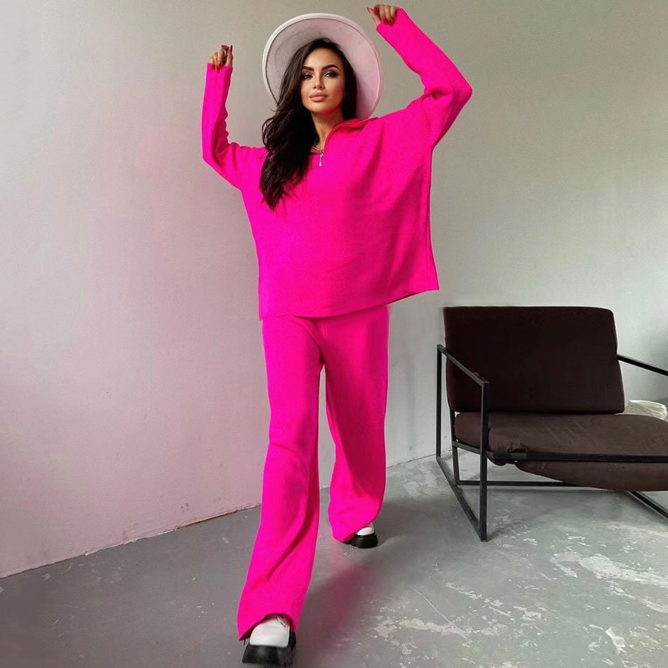 Free Shipping Casual Autumn Loose Knit Sweater Set Fashion Zip Lapel Long Sleeve Pullover Sweater & Straight Pants Two-piece Set 5 Free Shipping Casual Autumn Loose Knit Sweater Set Fashion Zip Lapel Long Sleeve Pullover Sweater & Straight Pants Two-piece Set 5