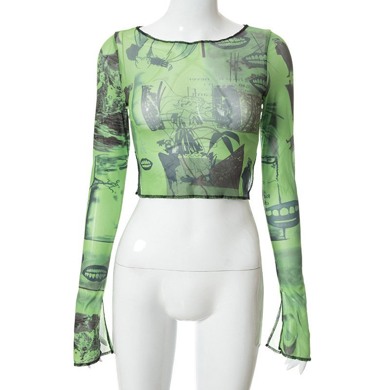 hirigin Sexy See Trough Crop Top Y2K Vintage Graphic Print Green Mesh Sheer T-shirt Long Flare Sleeve Slim Fit Tee Women Clothes 6 hirigin Sexy See Trough Crop Top Y2K Vintage Graphic Print Green Mesh Sheer T-shirt Long Flare Sleeve Slim Fit Tee Women Clothes 6